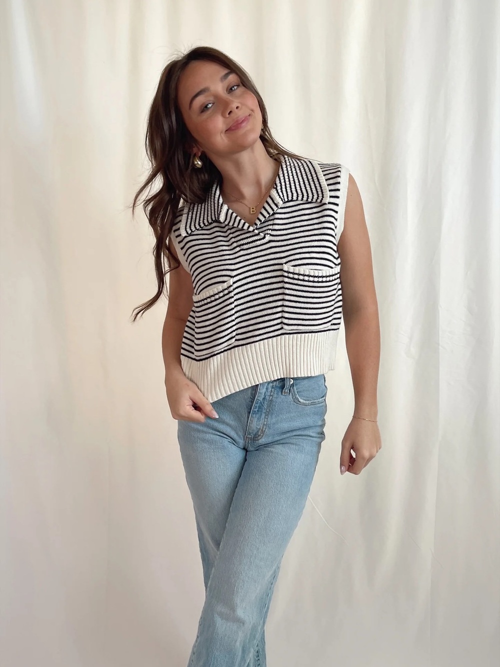 Versona Black & White Striped Sailor Sleeveless Polo Knit Tank